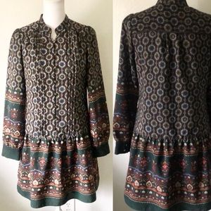 Arnaldo Bassini Italy Drop waist Print Mini Dress Long sleeve Pin tuck pleated